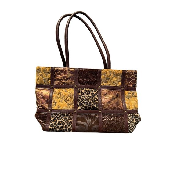 Animal Patchwork Tote Bag 14" X 9" Brown Vegan Leather By Bueno With Dual Straps - Picture 3 of 9